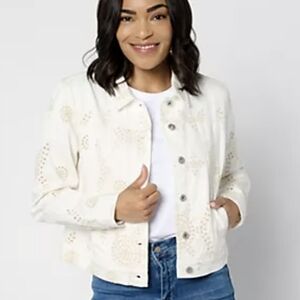 JM Collection Cream Textured Stretch Jean Jacket Classic Style